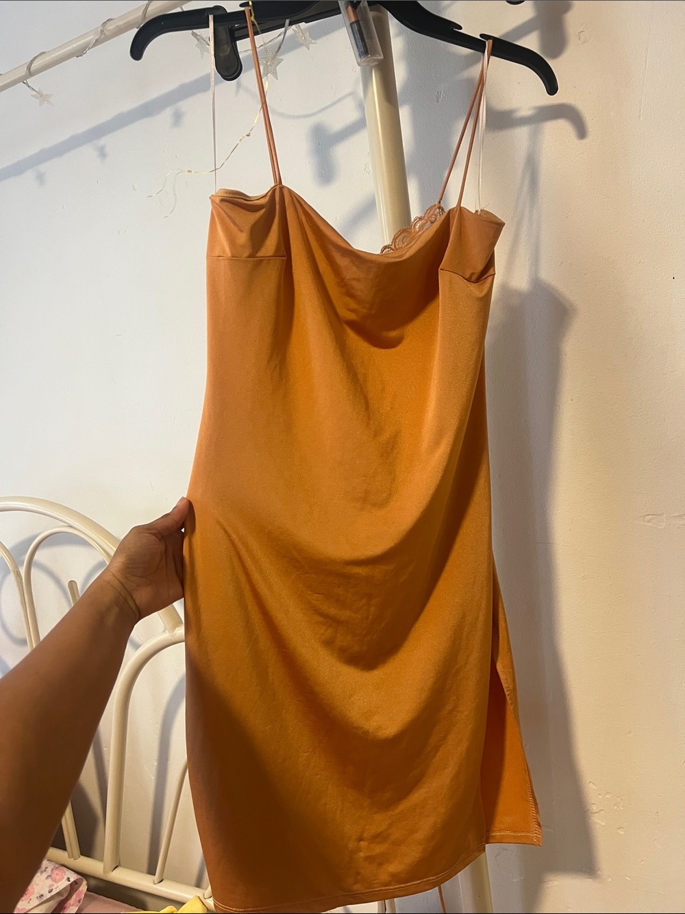 Satin Slip Dress with Lace Trim & Backless - Warm Caramel